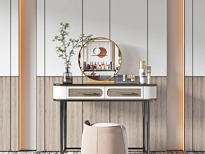 Elegant Dressing Table With Round Mirror Green Plant Cosmetic Containers Drawers And Stool 3d model
