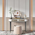 Elegant Dressing Table With Round Mirror Green Plant Cosmetic Containers Drawers And Stool