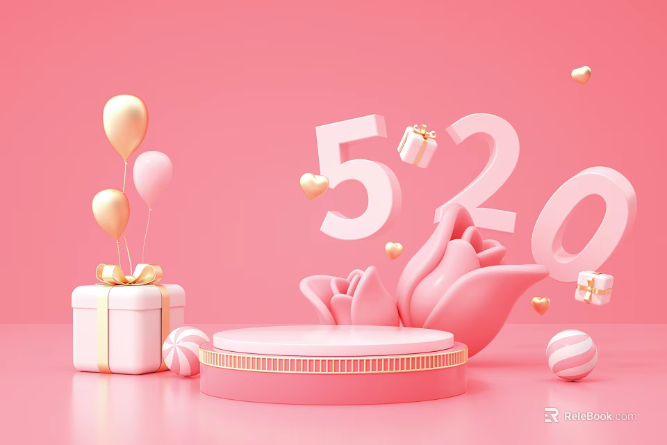 520 Promotion Decorative Gift Display Stand With Pink Background Gold Balloons Tulip Decor 3d model 