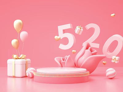 520 Promotion Decorative Gift Display Stand With Pink Background Gold Balloons Tulip Decor 3d model