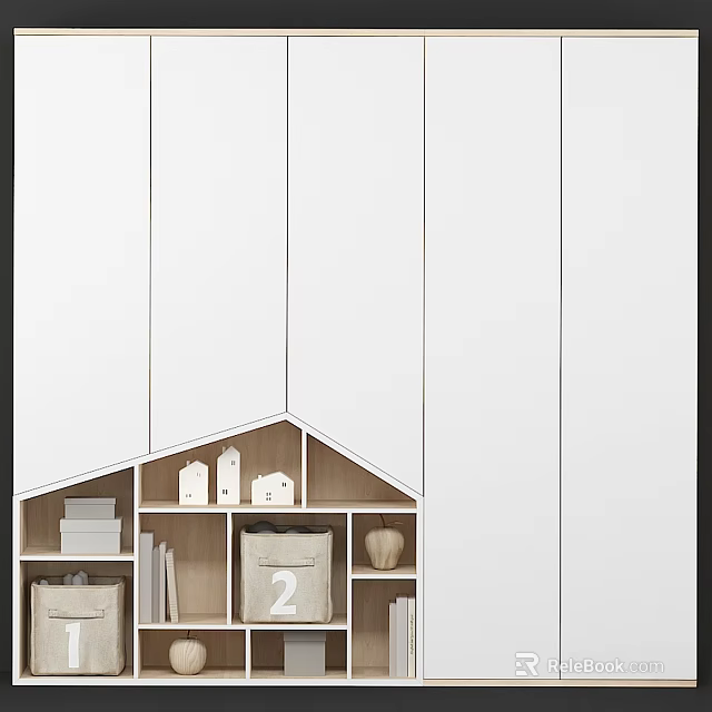 Modern Minimalist Wardrobe Interior Design With Wooden Shelves And Storage Bins 3d model 