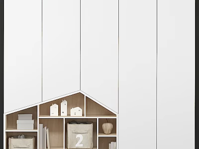 Modern Minimalist Wardrobe Interior Design With Wooden Shelves And Storage Bins 3d model