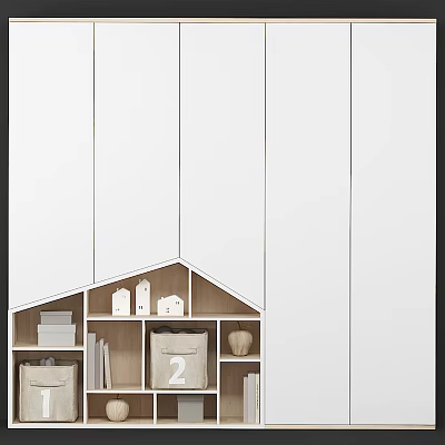 Modern Minimalist Wardrobe Interior Design With Wooden Shelves And Storage Bins 3d model