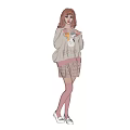 Woman With Pink Hair In White Sweatshirt And Pink Plaid Skirt With Cartoon Graphic