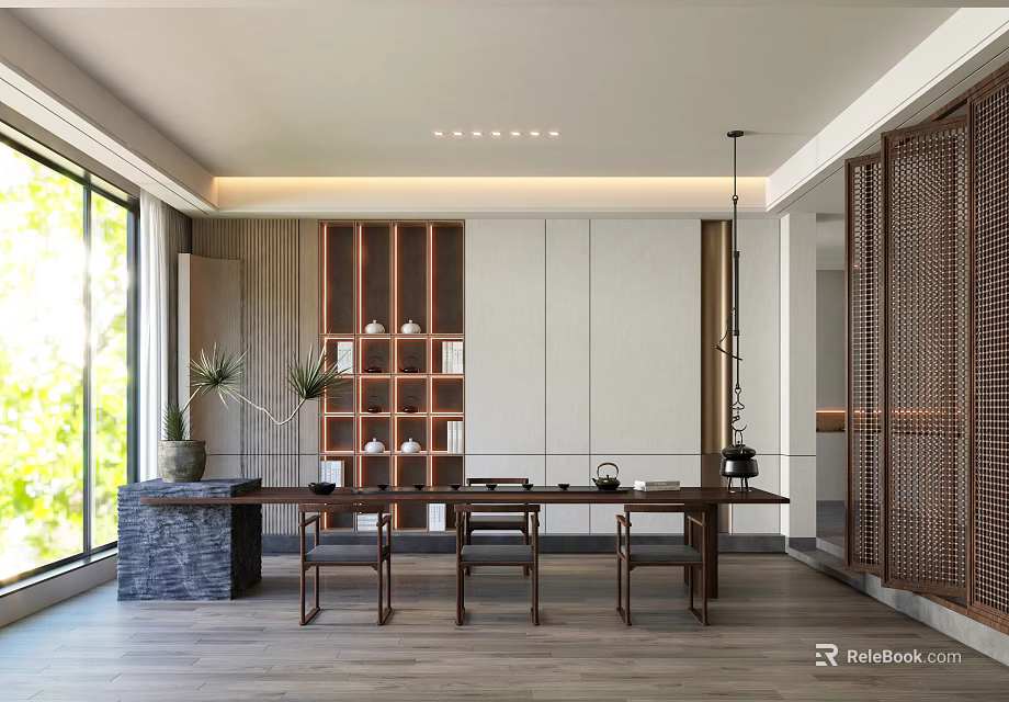 Modern Tea Room Interior With Wooden Furniture Bookshelves Tea Sets And Natural Light 3d model 