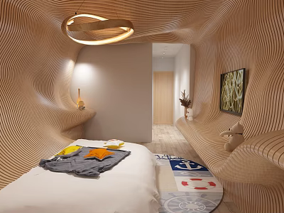 Modern Hotel Room Interior With Wooden Curved Walls Bed Decorative Carpet Artwork and Pendant Light 3d model