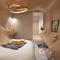 Modern Hotel Room Interior With Wooden Curved Walls Bed Decorative Carpet Artwork and Pendant Light