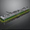 Green And White Electric Train With Yellow Stripes And Pantograph On Roof