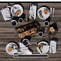 Breakfast Food Spread With Pancakes Blueberries Honey Coffee And Utensils On Wooden Table