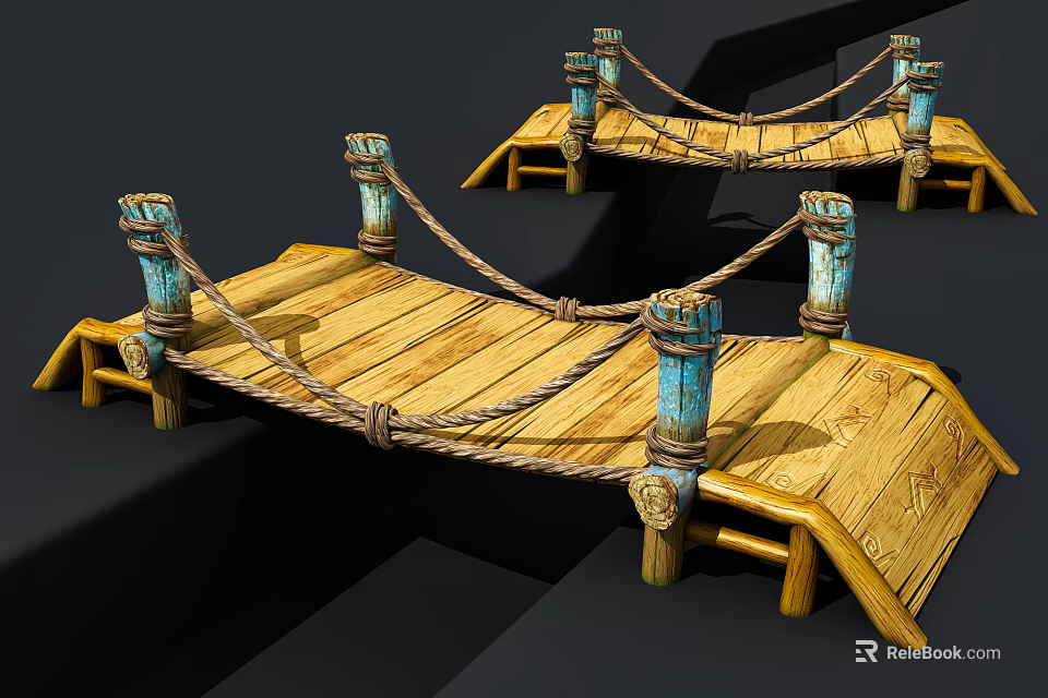 Wooden Bridge With Rope Railings Blue Brown Pillars And Carved Planks Design 3d model 
