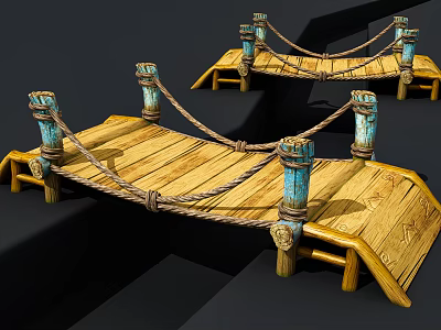 Wooden Bridge With Rope Railings Blue Brown Pillars And Carved Planks Design 3d model