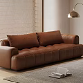 Brown Leather Multi-Person Sofa With Tufted Design Floor Lamp Window Blinds And Area Rug