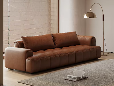 Brown Leather Multi-Person Sofa With Tufted Design Floor Lamp Window Blinds And Area Rug 3d model