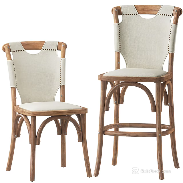 Classic Wooden Frame Bar Stools With Light Fabric Seat And Stitched Backrest Design 3d model 