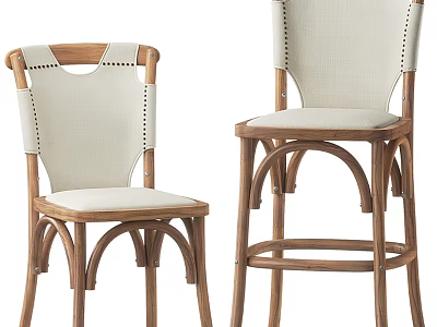 Classic Wooden Frame Bar Stools With Light Fabric Seat And Stitched Backrest Design 3d model