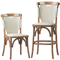 Classic Wooden Frame Bar Stools With Light Fabric Seat And Stitched Backrest Design