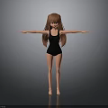 3D Anime Character With Long Brown Hair In Black Leotard Arms Outstretched