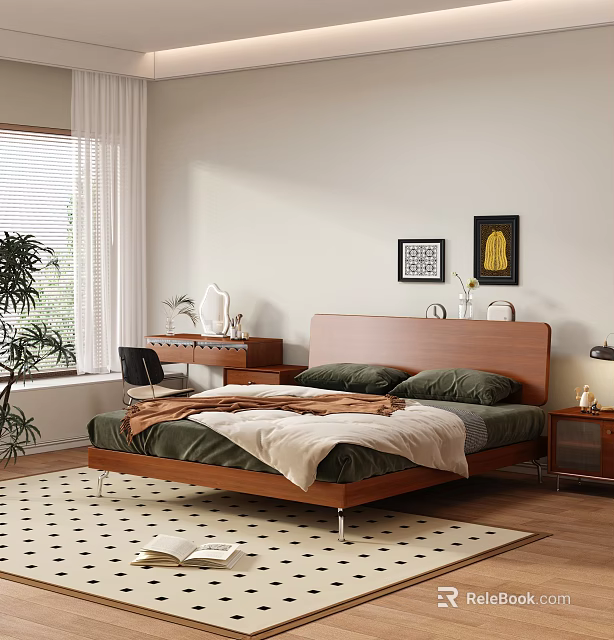 Wooden Double Bed In Modern Bedroom With Green Bedding And Wooden Desk 3d model 