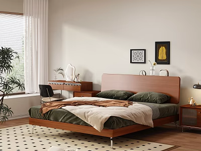 Wooden Double Bed In Modern Bedroom With Green Bedding And Wooden Desk 3d model