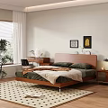 Wooden Double Bed In Modern Bedroom With Green Bedding And Wooden Desk