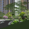 Urban Garden Landscape With High rise Buildings Lush Trees And Paved Walkway