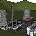 Modern Industrial Plant Power Generation Facility With Cooling Towers Chimney And Mountainous Green Trees