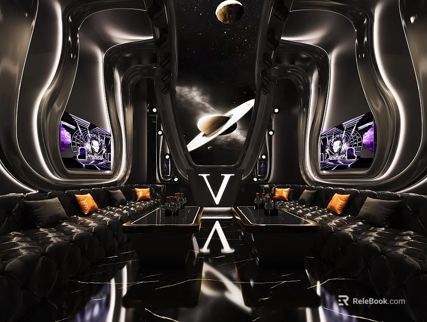 Starry Sky Themed Modern KTV Interior With Comfortable Leather Sofas And LED Screens 3d model