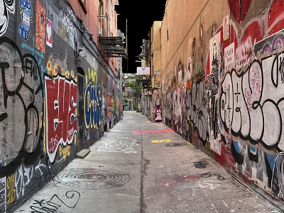 Urban Commercial Street Narrow Alley With Colorful Vibrant Graffiti Street Art On Building Walls 3d model
