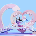 Scenic Romantic Heart Shaped Structure With Couple On Bridge Pink Clouds And Pastel Blue Background