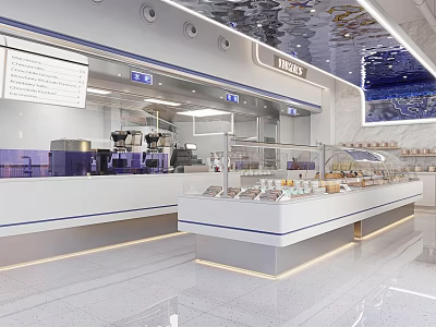 Modern Dessert Shop Interior With Open Display Counter Marble Countertop Blue Lines And Various Desserts 3d model