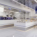 Modern Dessert Shop Interior With Open Display Counter Marble Countertop Blue Lines And Various Desserts