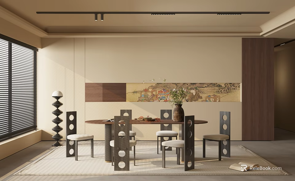 Modern Restaurant Interior With Round Dining Table Wooden Chairs Pendant Lights And Decorative Art 3d model 
