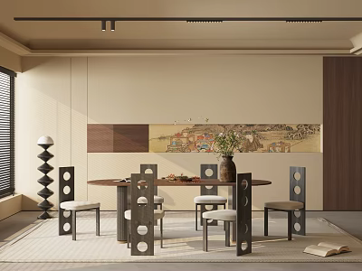 Modern Restaurant Interior With Round Dining Table Wooden Chairs Pendant Lights And Decorative Art 3d model