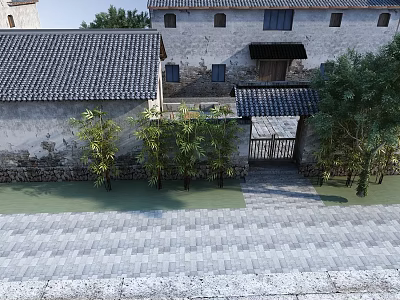 Classic Wooden Hinged Door In Traditional Courtyard With Stone Path And Trees 3d model