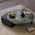 Green Veined Marble Coffee Table With Black Base Dried Flowers Green Fruits On Light Rug