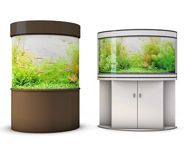 Modern Aquarium Design With Brown Cylinder White Cabinet Aquatic Plants And Fish 3d model Modern Aquarium Design With Brown Cylinder White Cabinet Aquatic Plants And Fish 3d model
