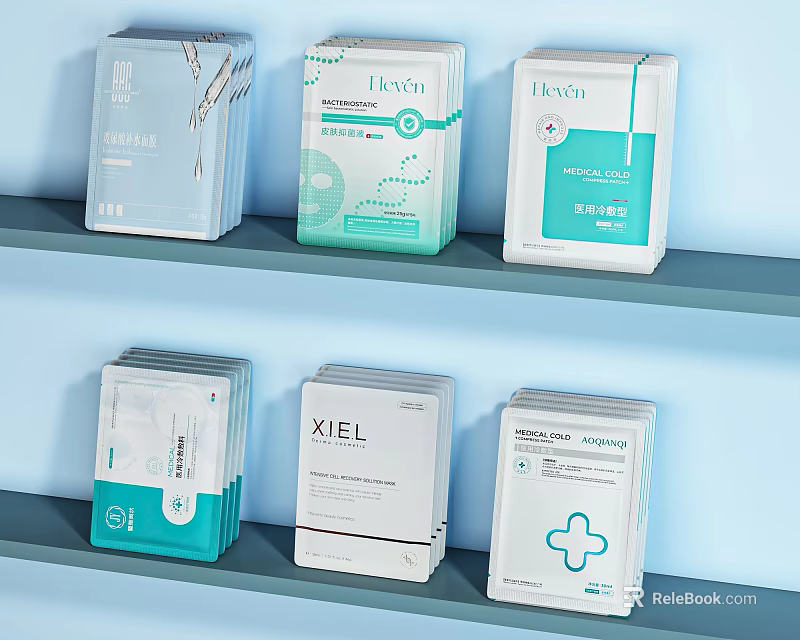 Colorful Cosmetics Beauty Product Boxes Arranged On Blue Shelf With Various Designs 3d model 