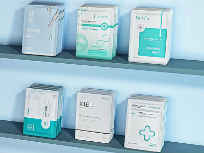 Colorful Cosmetics Beauty Product Boxes Arranged On Blue Shelf With Various Designs 3d model