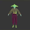 Traditional Asian Character Wearing Conical Hat Blue Top Brown Pants With Sword At Waist