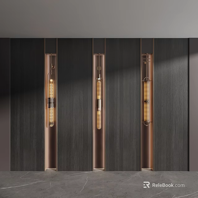 Modern Vertical Metallic Pendant Lights Hanging Against Dark Wooden Wall Backdrop 3d model 