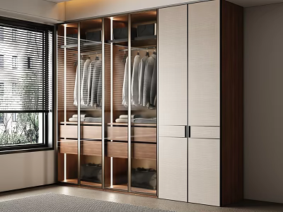 Modern Wardrobe Design With Glass Doors Wooden Panels And Hanging Clothes Storage 3d model
