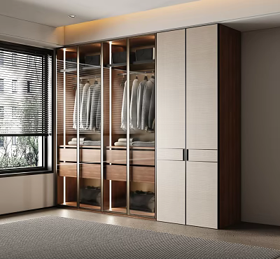 Modern Wardrobe Design With Glass Doors Wooden Panels And Hanging Clothes Storage 3d model