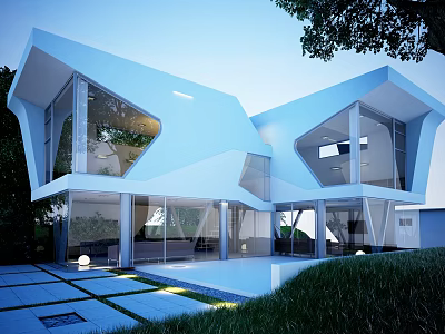 Modern White Geometric Detached Villa With Glass Walls Swimming Pool And Lawn Trees 3d model