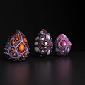 Three Egg Shaped Decorative Ornament Set Orange Purple Pink Accents Glowing Details Intricate Patterns