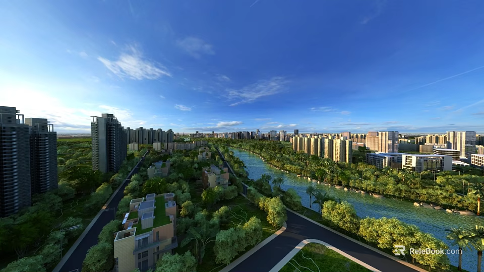 Aerial Urban Planning Featuring Modern High Rise Buildings River Greenery And Roads 3d model 