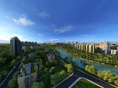 Aerial Urban Planning Featuring Modern High Rise Buildings River Greenery And Roads 3d model