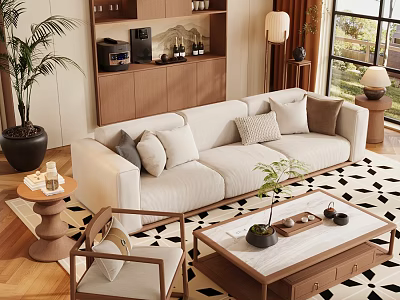 Modern Beige Sofa and Wooden Coffee Table Set With Colorful Cushions and Small Potted Plant 3d model