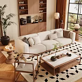 Modern Beige Sofa and Wooden Coffee Table Set With Colorful Cushions and Small Potted Plant