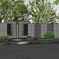 Grey Stone Landscape Wall With Doorways Trees Bushes And Fountain In Paved Square