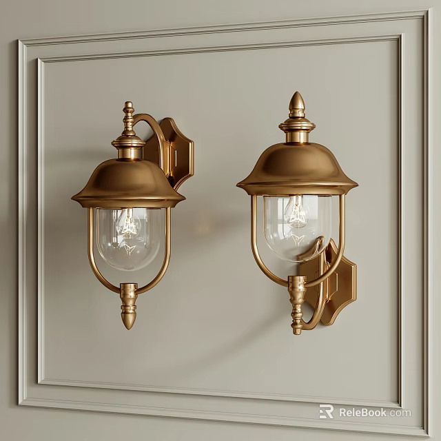 Classic Brass Wall Lamps with Transparent Glass Shades Mounted on Beige Wall 3d model 